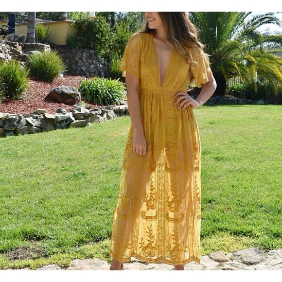 Wild Honey Pants - Wild Honey Mustard Yellow Lace Sheer Maxi Romper Size S